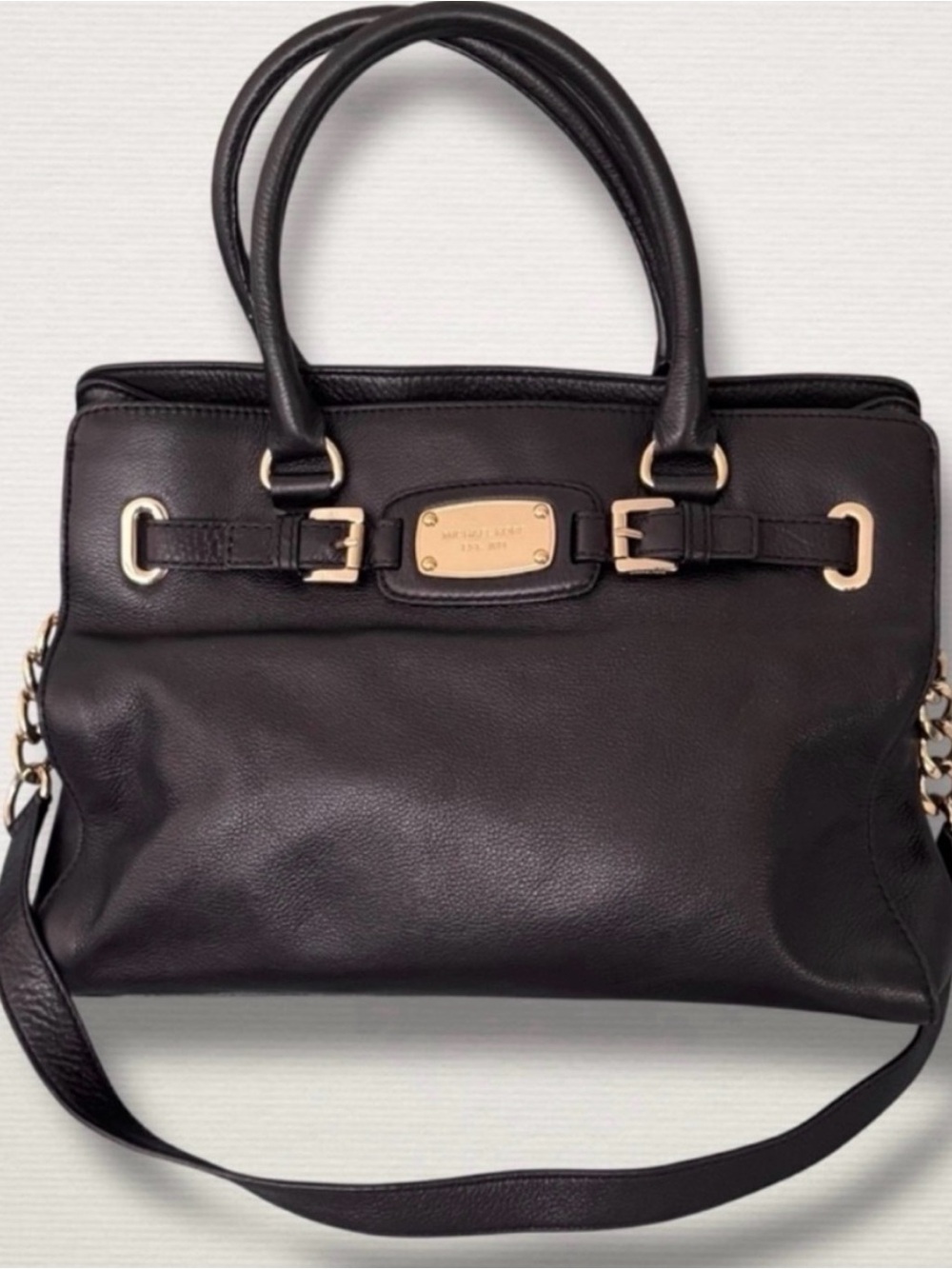 Michael Kors Black Leather Tote with Gold-Tone Accents